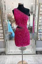 Fuchsia One Shoulder Sequins Lace-Up Sheath Homecoming Dress with Tassels