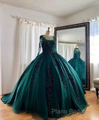 Lace Beaded Green Ball Gown Quinceanera Dresses Long Sleeves Graduation Dresses