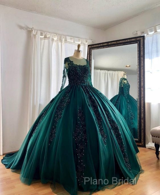 Lace Beaded Green Ball Gown Quinceanera Dresses Long Sleeves Graduation Dresses