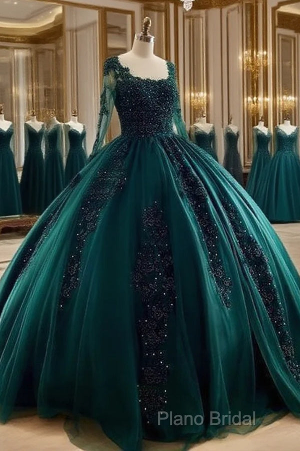 Lace Beaded Green Ball Gown Quinceanera Dresses Long Sleeves Graduation Dresses Main image