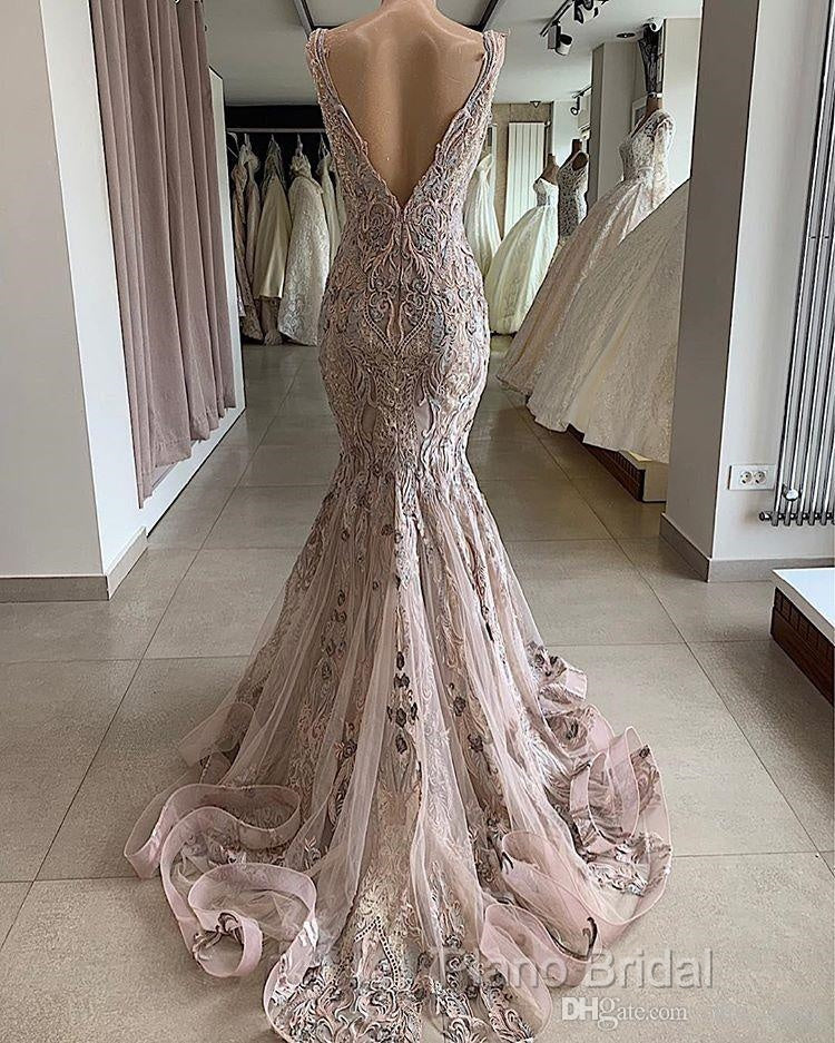 Lace Beaded Sexy African Dubai Formal Dresses Mermaid Backless Formal Prom Dresses Deep V-Neck Formal Party Bridesmaid Pageant Gowns Secondary image