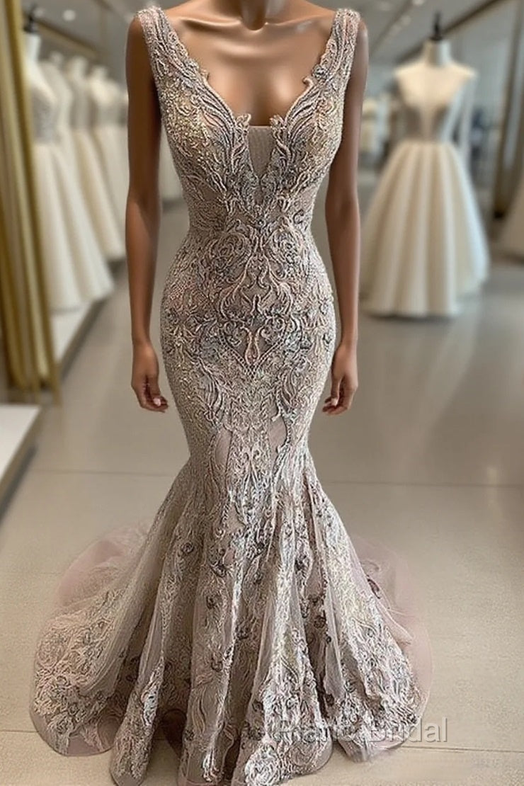 Lace Beaded Sexy African Dubai Formal Dresses Mermaid Backless Formal Prom Dresses Deep V-Neck Formal Party Bridesmaid Pageant Gowns Main image