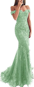 Lace Beaded Tulle Maxi Formal Evening Dresses Off The Shoulder Mermaid Formal Party Dresses