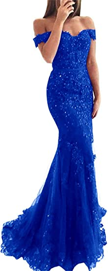 Lace Beaded Tulle Maxi Formal Evening Dresses Off The Shoulder Mermaid Formal Party Dresses