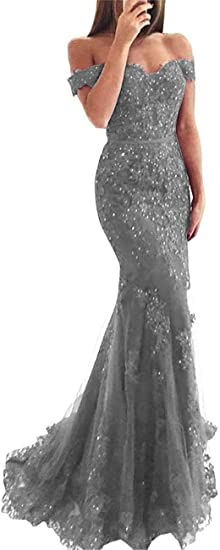 Lace Beaded Tulle Maxi Formal Evening Dresses Off The Shoulder Mermaid Formal Party Dresses
