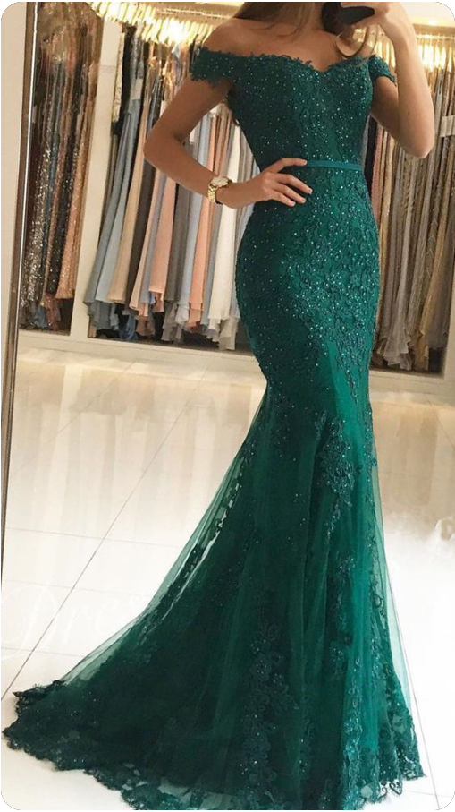 Lace Beaded Tulle Maxi Formal Evening Dresses Off The Shoulder Mermaid Formal Party Dresses