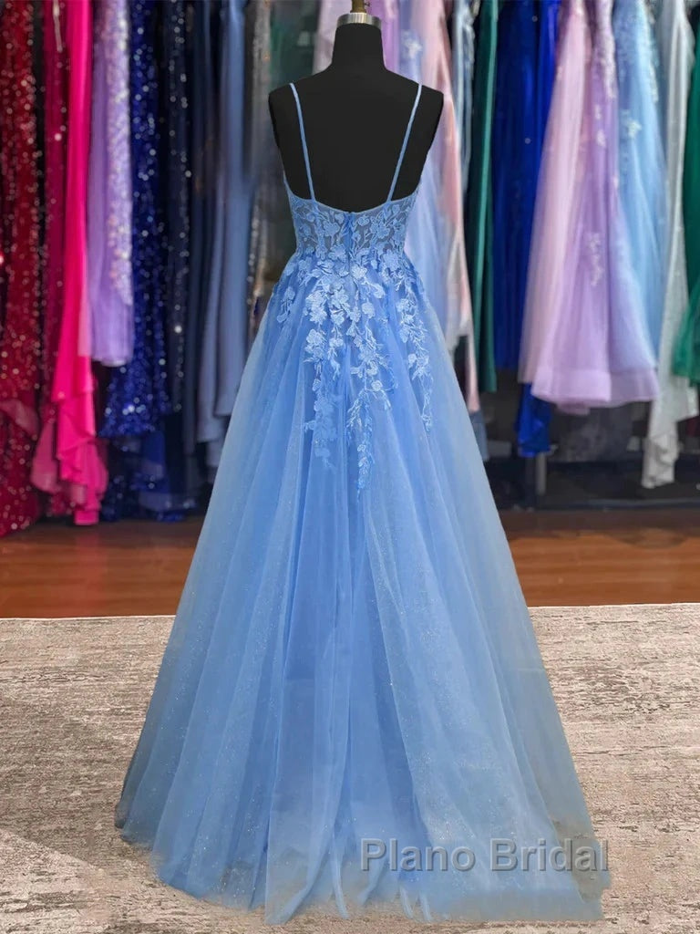 Lace Blue Formal Prom Dresses V Neck Long Formal Dresses Open Back