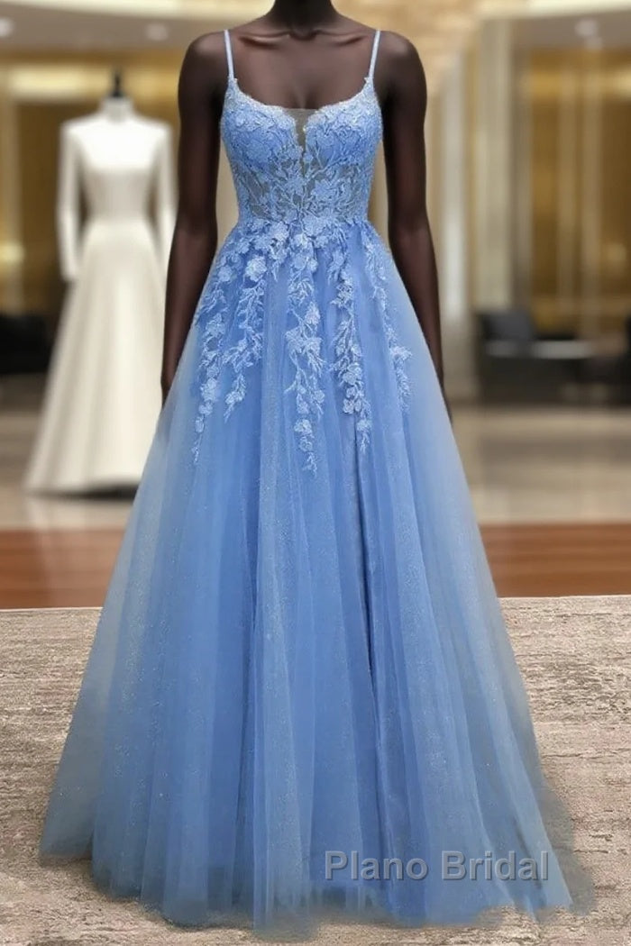 Lace Blue Formal Prom Dresses V Neck Long Formal Dresses Open Back Main image