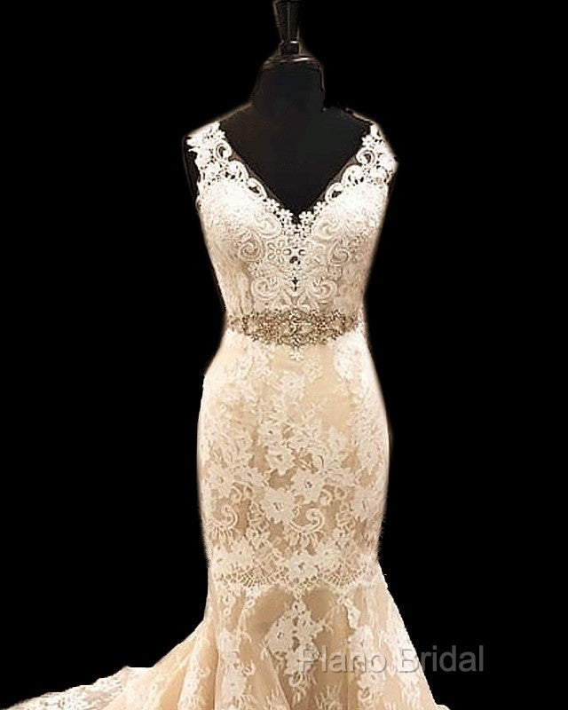 Lace Cap Sleeves Mermaid Wedding Dresses V Neck With Sashes Secondary image