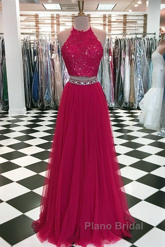 Lace Crop Top Tulle Formal Prom Dresses Two Piece Evening Gowns Beaded Sashes