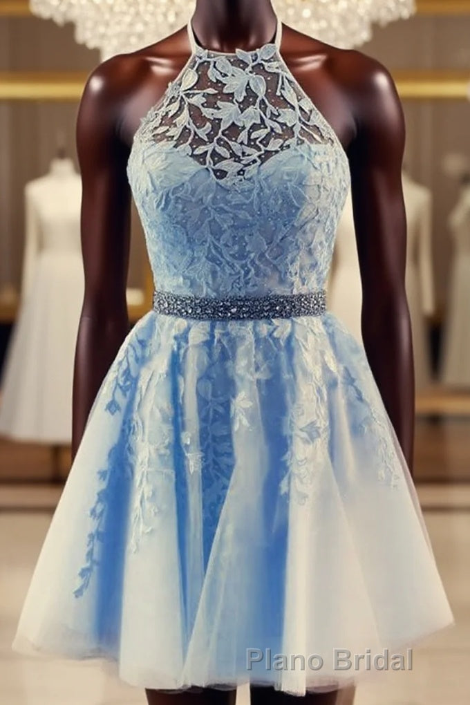 Lace Embroidery Halter Tulle Homecoming Dresses Cross Back Main image