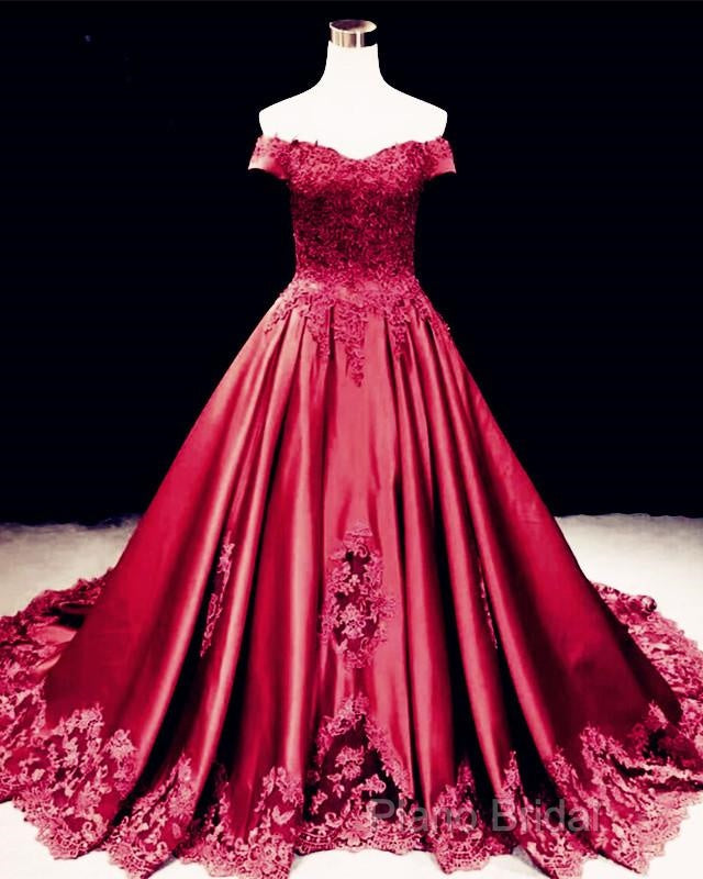 Lace Embroidery Satin Sweep Train Wedding Dresses Ball Gowns