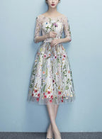 Lace Floral Elegant 1/2 Sleeves Knee Length Round Neckline Party Dresses, Homecoming Dresses , Party Dresses