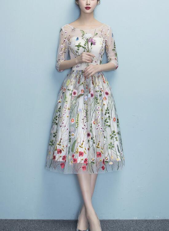 Lace Floral Elegant 1/2 Sleeves Knee Length Round Neckline Party Dresses, Homecoming Dresses , Party Dresses