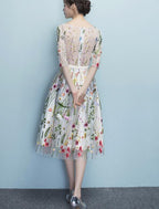 Lace Floral Elegant 1/2 Sleeves Knee Length Round Neckline Party Dresses, Homecoming Dresses , Party Dresses