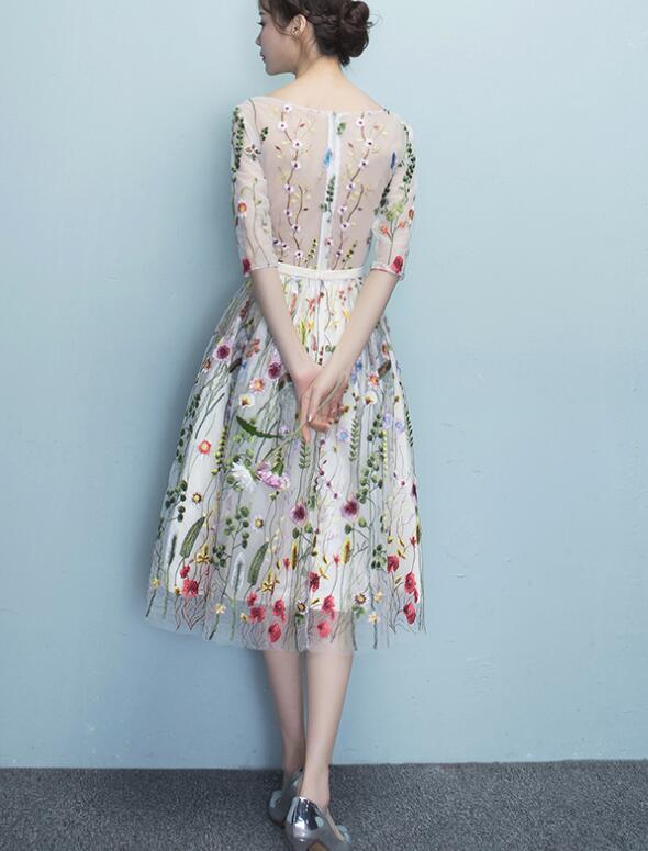 Lace Floral Elegant 1/2 Sleeves Knee Length Round Neckline Party Dresses, Homecoming Dresses , Party Dresses