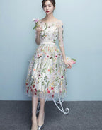 Lace Floral Elegant 1/2 Sleeves Knee Length Round Neckline Party Dresses, Homecoming Dresses , Party Dresses