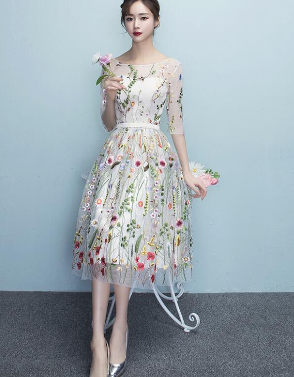 Lace Floral Elegant 1/2 Sleeves Knee Length Round Neckline Party Dresses, Homecoming Dresses , Party Dresses