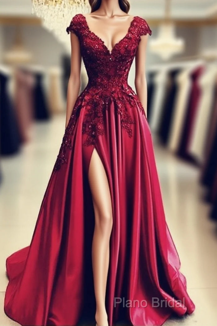 Lace Flowers Beaded Cap Sleeves V-Neck Formal Prom Dresses Split Formal Gowns Main image