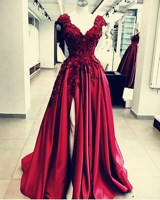 Lace Flowers Beaded Cap Sleeves V-Neck Formal Prom Dresses Split Formal Evening Gowns Main image