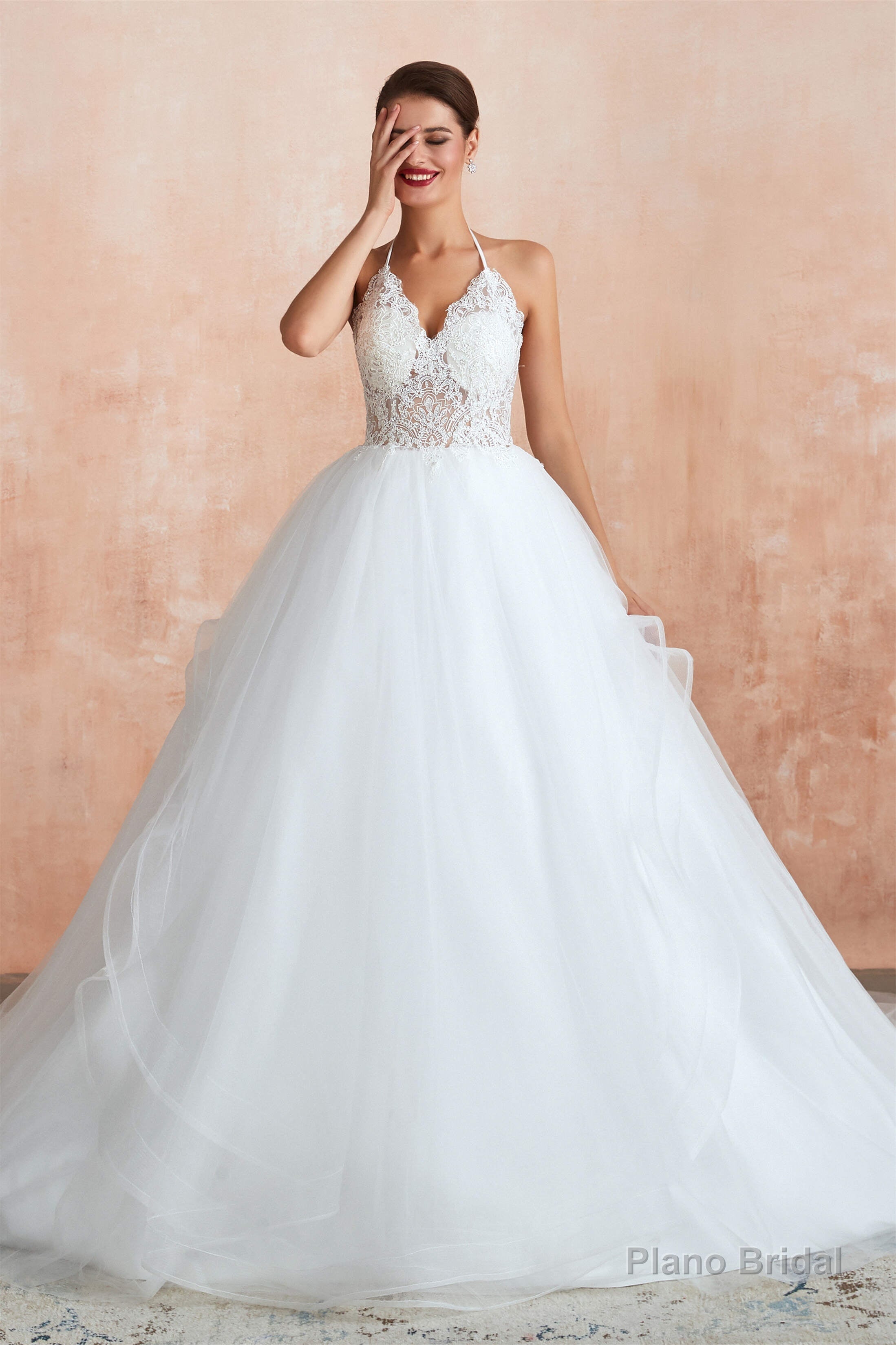 Lace Halter See-through Multi-Layers White Wedding Dresses with Open Back Secondary image
