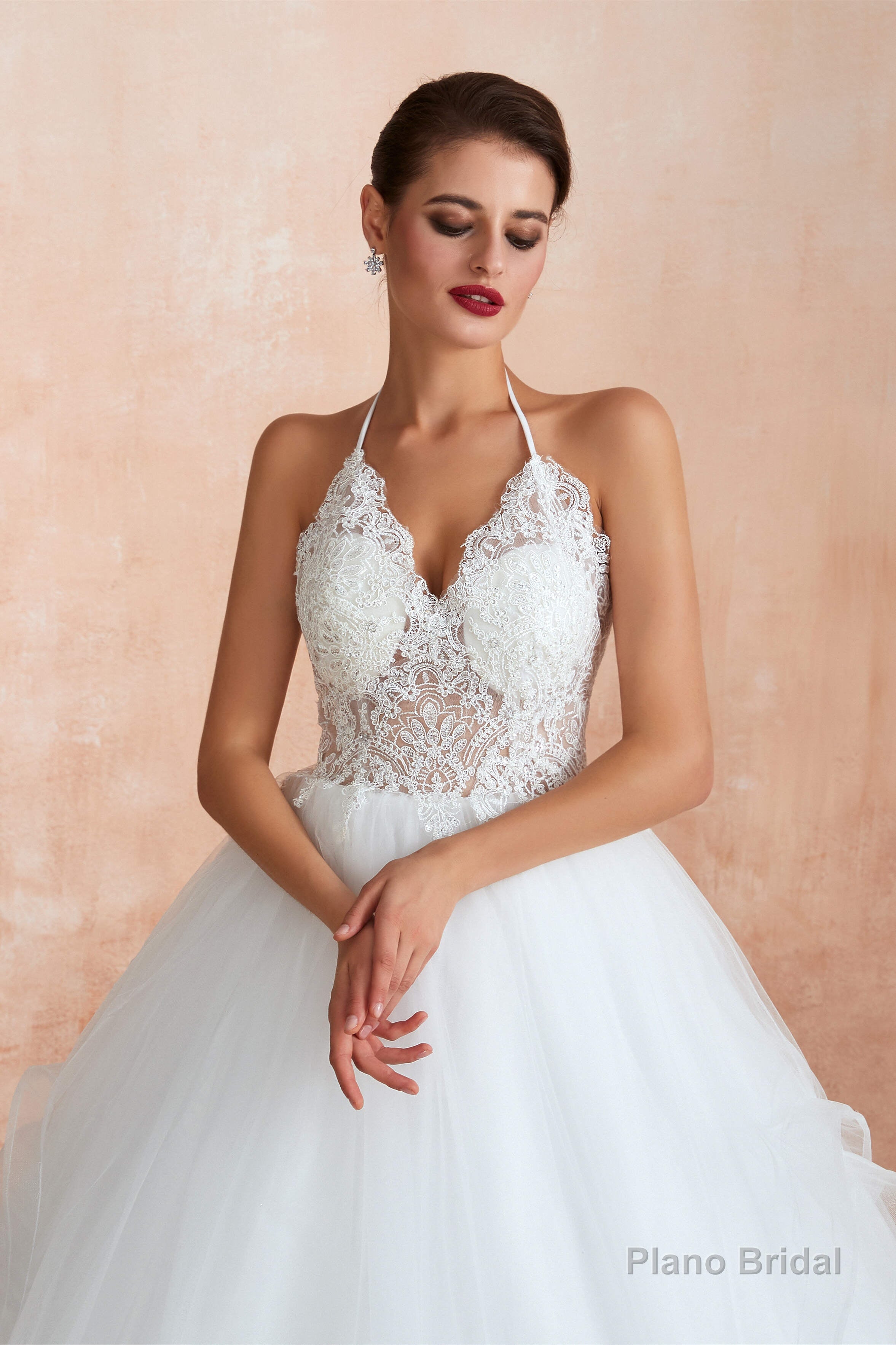 Lace Halter See-through Multi-Layers White Wedding Dresses with Open Back