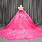 Lace Hot Pink Sequins Ball Gown Quinceaera Dress
