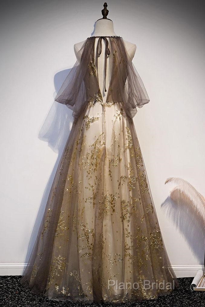 Lace Long Appliques Champagne Tulle Formal Prom Dresses Secondary image