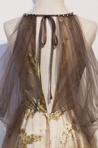 Lace Long Appliques Champagne Tulle Formal Prom Dresses