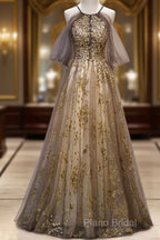 Lace Long Appliques Champagne Tulle Formal Prom Dresses