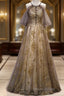 Lace Long Appliques Champagne Tulle Formal Prom Dresses
