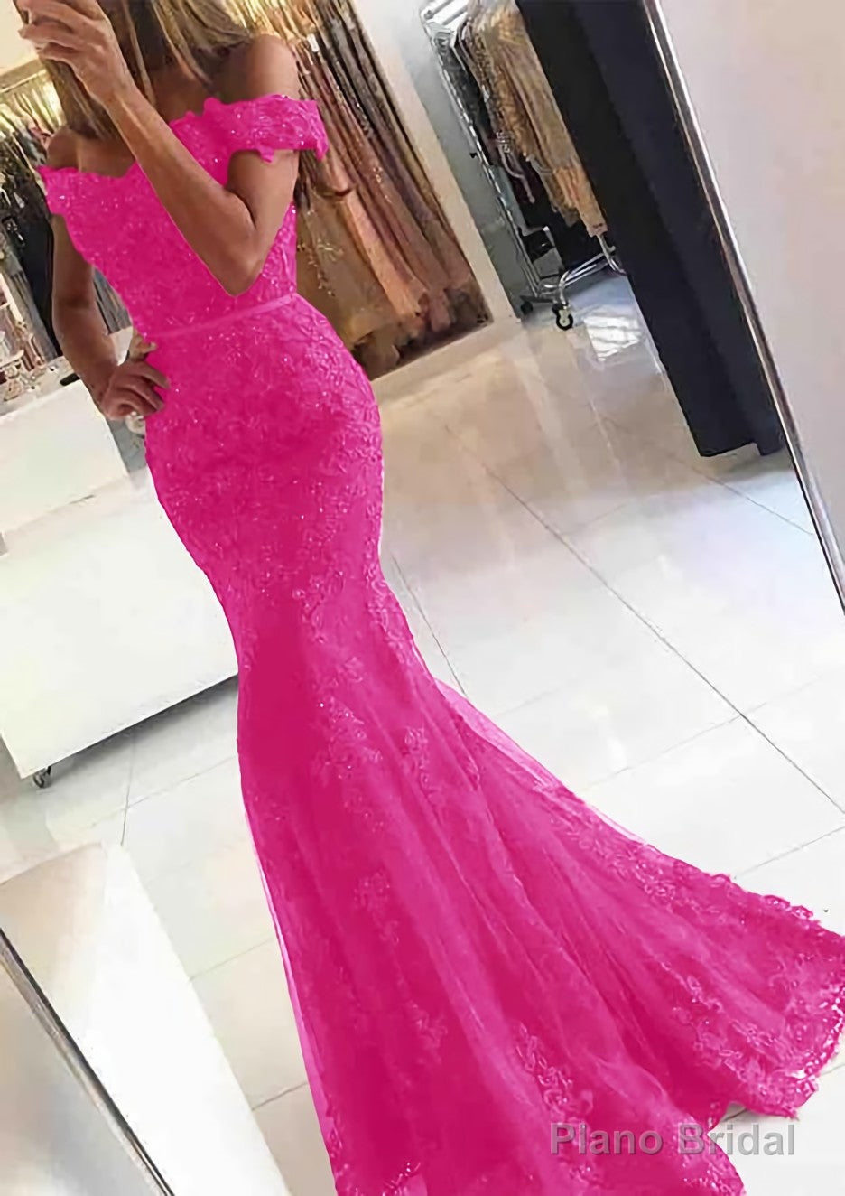 Lace Long/Floor-Length Trumpet/Mermaid Sleeveless Off-The-Shoulder Zipper Prom Dresses With Appliqued Beaded