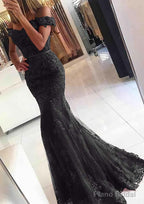 Lace Long/Floor-Length Trumpet/Mermaid Sleeveless Off-The-Shoulder Zipper Prom Dresses With Appliqued Beaded