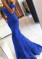 Lace Long/Floor-Length Trumpet/Mermaid Sleeveless Off-The-Shoulder Zipper Prom Dresses With Appliqued Beaded