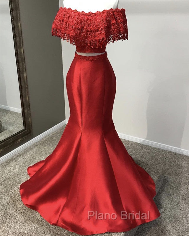 Lace Off Shoulder Mermaid Two Piece Formal Prom Dresses