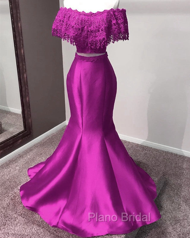 Lace Off Shoulder Mermaid Two Piece Formal Prom Dresses