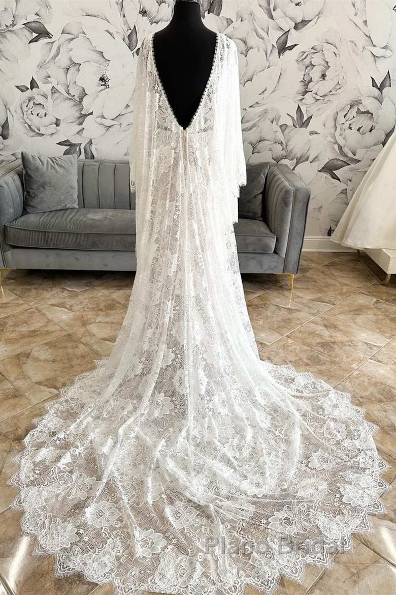 Lace Plunge V Mermaid Long Wedding Dresses With Bell Sleeves Secondary image