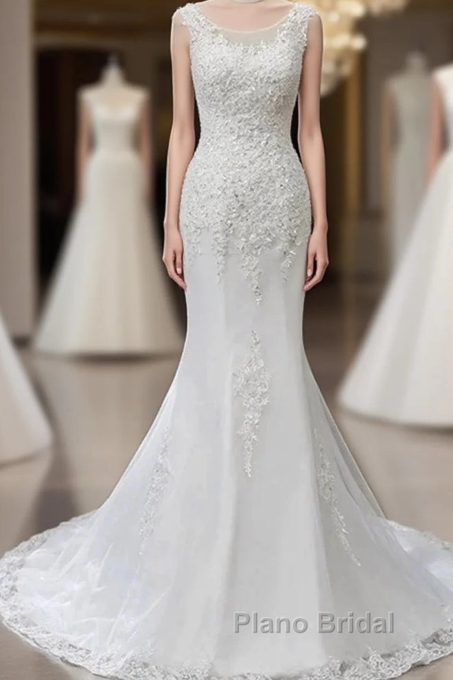 Lace Round Neck Sleeveless Trumpet Wedding Dresses Main image