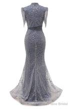 Lace Sequin Long Grey Prom Dresses High Neck Beaded Mermaid Long Evening Dresses