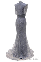 Lace Sequin Long Grey Prom Dresses High Neck Beaded Mermaid Long Evening Dresses