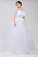 Lace Sheer Waist Long Pleated A-line Train Wedding Dresses with Half Sleeves