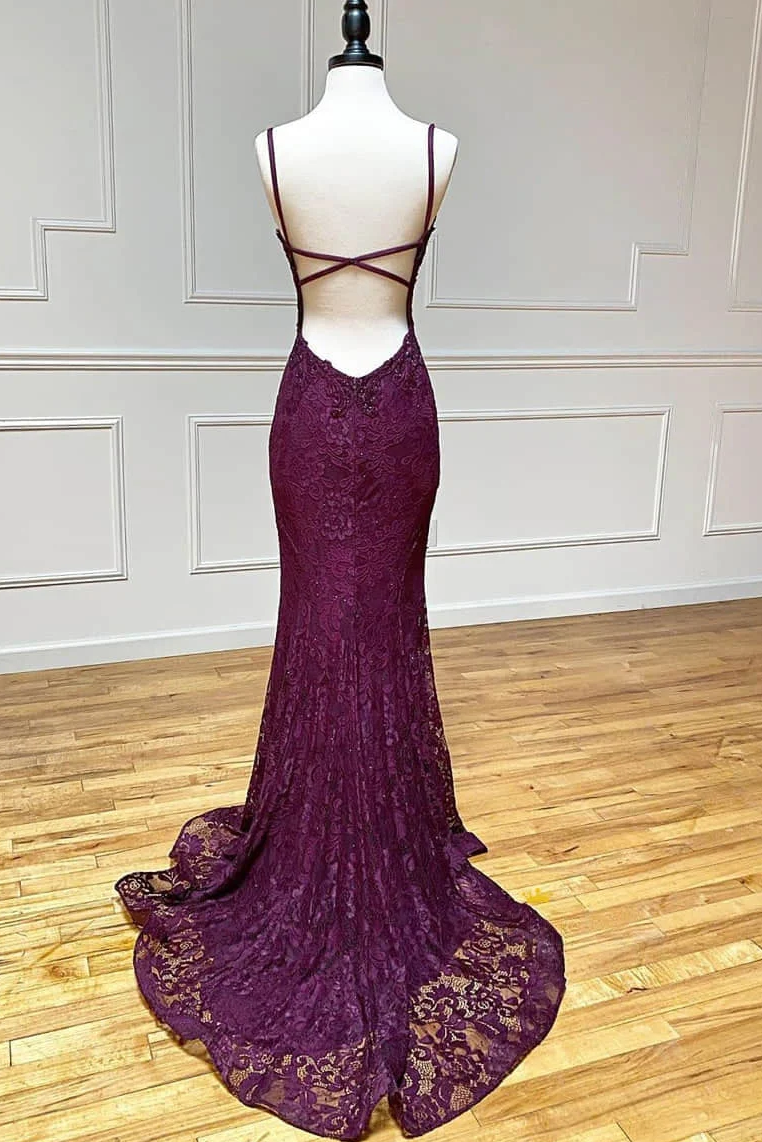 Lace Spaghetti Straps V-Neck Mermaid Formal Prom Dresses With Slit