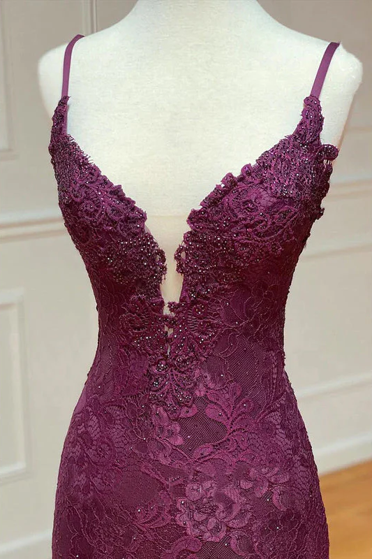 Lace Spaghetti Straps V-Neck Mermaid Formal Prom Dresses With Slit