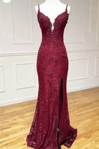 Lace Spaghetti Straps V-Neck Mermaid Formal Prom Dresses With Slit