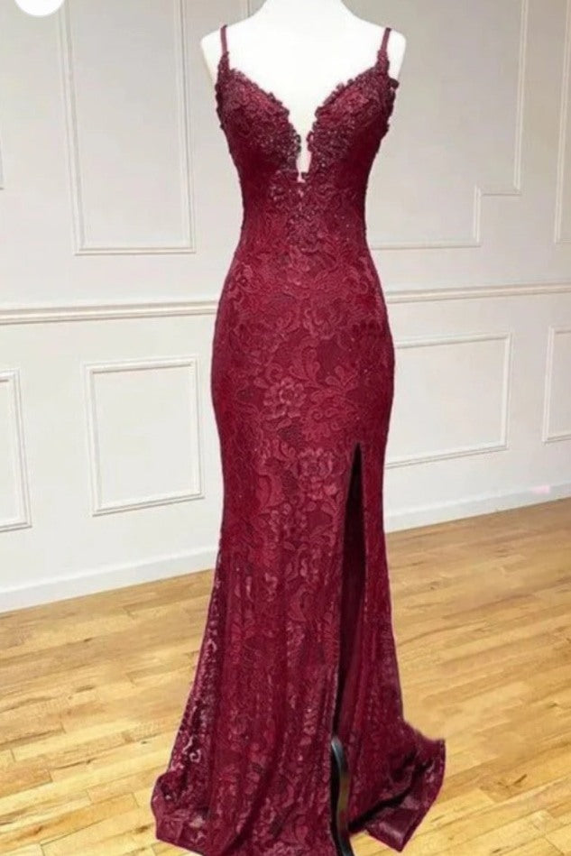 Lace Spaghetti Straps V-Neck Mermaid Formal Prom Dresses With Slit