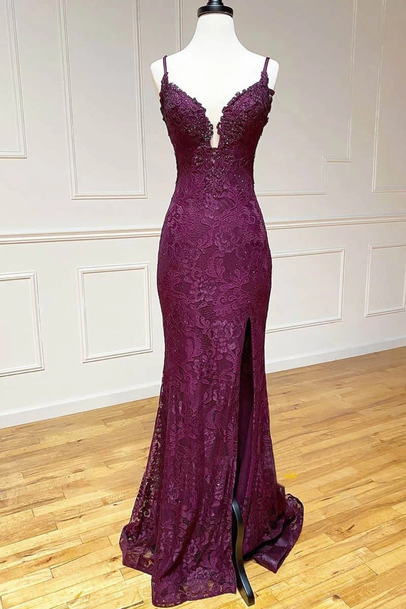 Lace Spaghetti Straps V-Neck Mermaid Formal Prom Dresses With Slit Main image