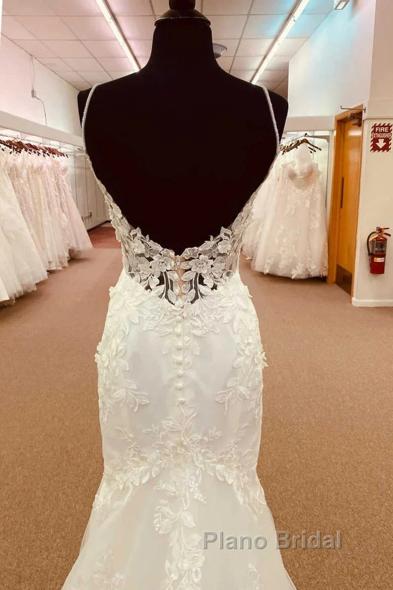 Lace Straps Backless Trumpet Long Wedding Dresses