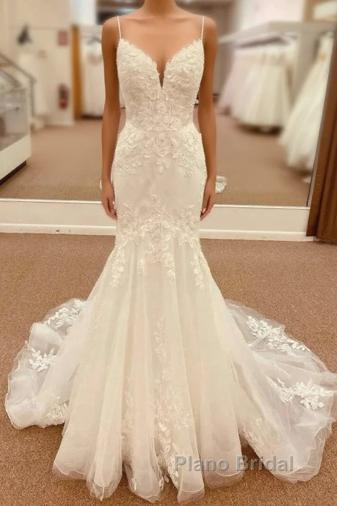 Lace Straps Backless Trumpet Long Wedding Dresses Main image