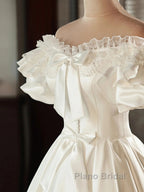 Lace Tea Length Bowknot White Satin Wedding Dresses