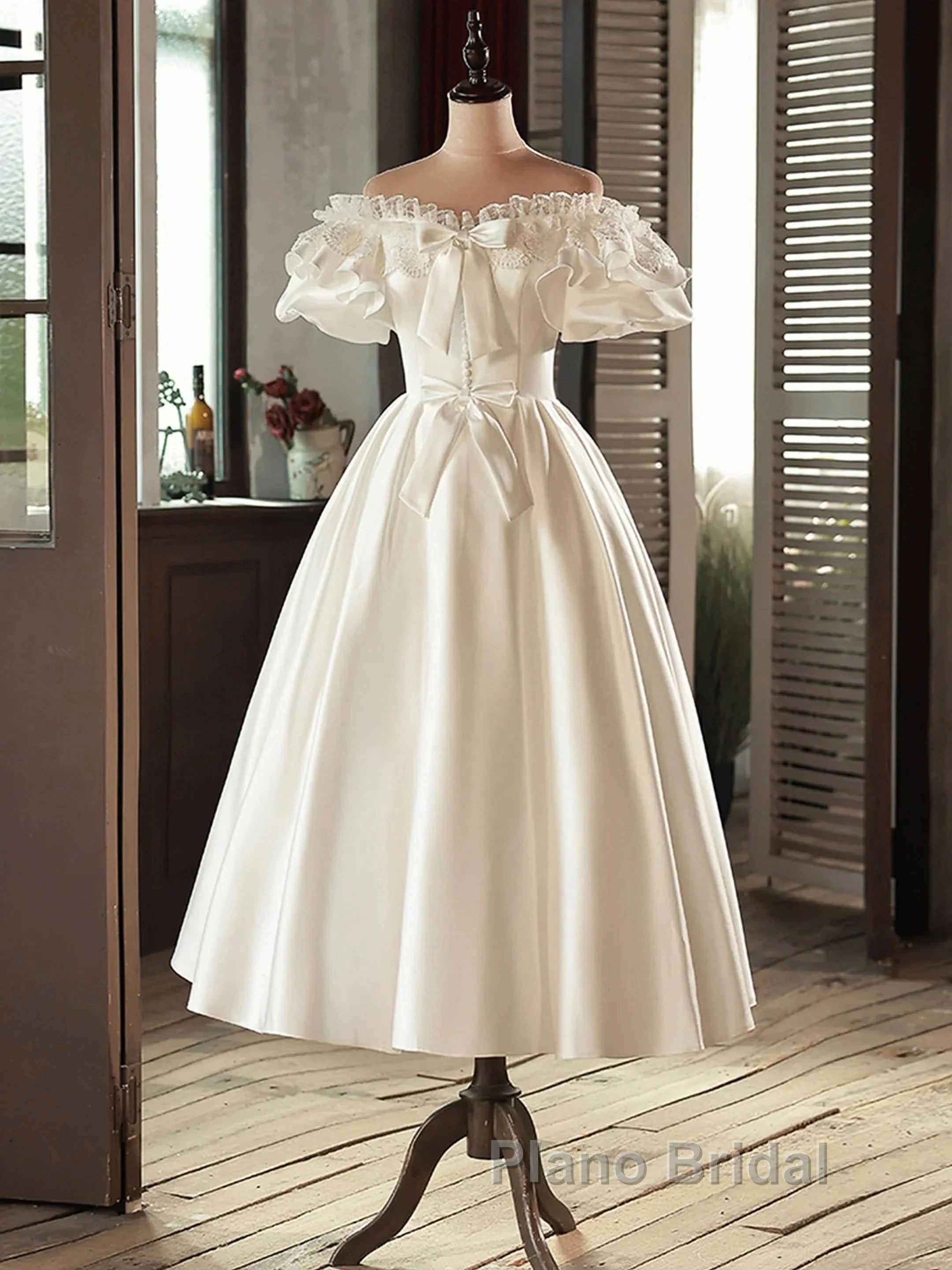 Lace Tea Length Bowknot White Satin Wedding Dresses